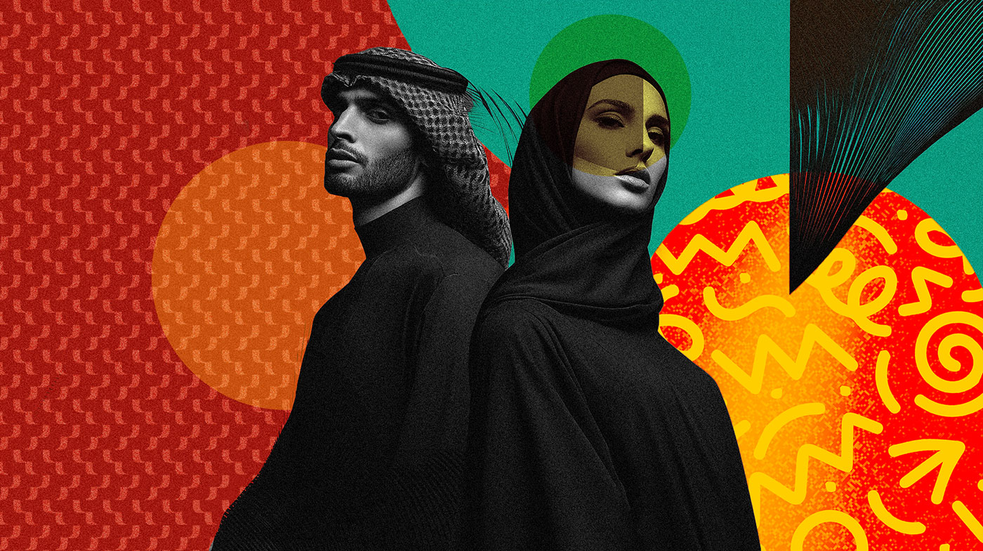 RF Thunder brand visual featuring couple in traditional attire with bold geometric shapes